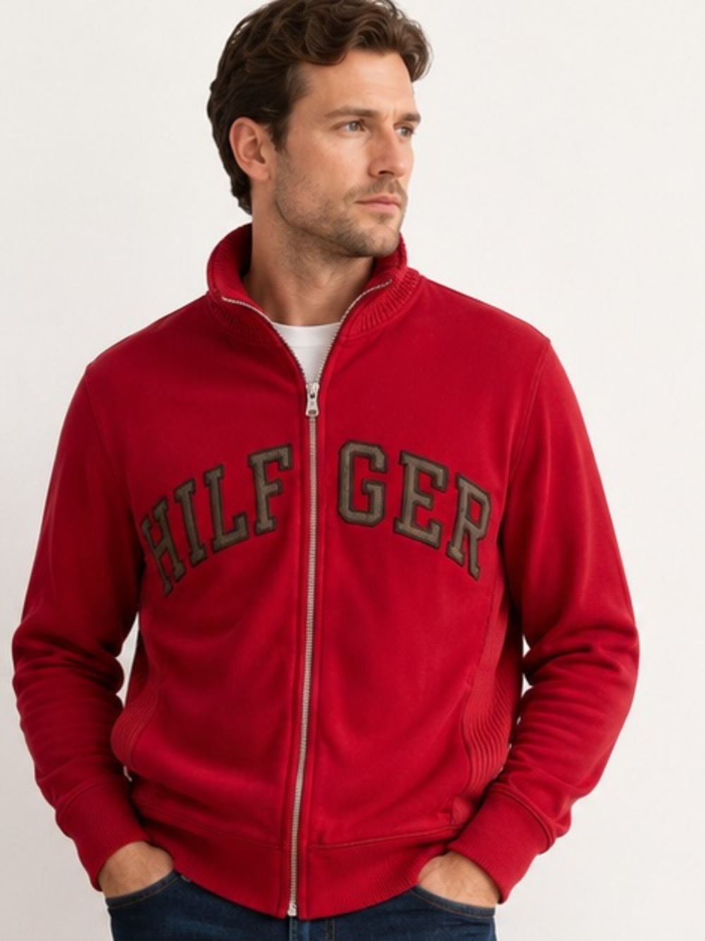 Tommy Hilfiger Men’s Large Red Full Zip Logo Jacket Spellout Ribbed Collar